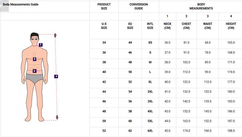 May include: A body measurements guide with a diagram of a person and a table. The table shows U.S., EU, and international sizes, along with neck, chest, waist, and height measurements in centimeters.