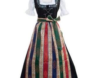 Vestido Dirndl preto com avental colorido, traje tradicional bávaro