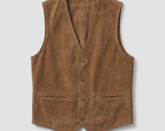 Men's Brown Suede Leather Vest, Western Cowboy Vest for Men, Vintage Rustic Waistcoat, Genuine Leather Motorcycle Vest, Ranch Style Outfit