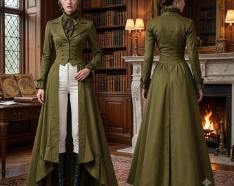Women's Gothic Victorian Tailcoat, Olive Green Long Coat, Steampunk Jacket, Dark Academia Coat, Witchy Wedding Coat, Gothic Clothing