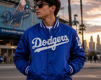 Handgefertigte Los Angeles Dodgers Style Blau Satin Varsity Jacke für Männer | LA Baseball Bomberjacke | Letterman Jacke | Dodgers Fan Geschenk