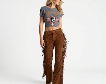 Western Fringe Suede Pants Women, Brown Cowgirl Pants, Boho Western Trousers, Country Concert Outfit, Rodeo Fringe Pants, Festival Wear