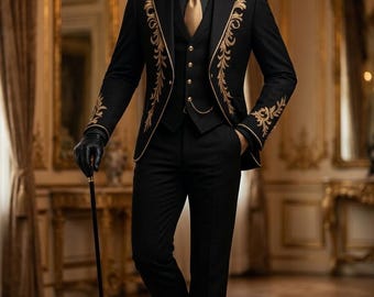 Traje negro y dorado bordado, traje de boda para hombre, esmoquin de lujo, traje barroco bordado, atuendo de novio, ropa formal real, traje de graduación, traje de 3 piezas