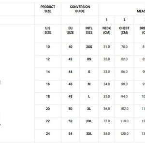 May include: A body measurements guide with a diagram of a person and a table. The table shows product sizes in U.S., EU, and international sizes, along with corresponding neck, chest, breast, waist, and height measurements in centimeters.