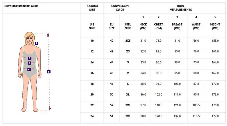May include: A body measurements guide with a diagram of a person and a table. The table shows product sizes in U.S., EU, and international sizes, along with corresponding neck, chest, breast, waist, and height measurements in centimeters.