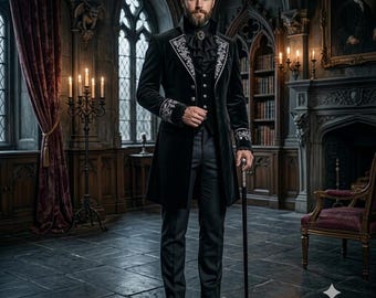 Gothic viktorianische Herren Frackjacke, schwarz bestickter Mantel, Gothic Hochzeitsjacke, Vampir Prinz Frack, Steampunk-Mantel für Herren