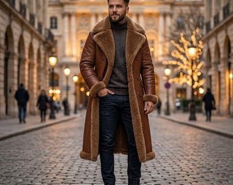 Brown Shearling Leather Coat Men,Long Aviator Sheepskin Fur Coat,Winter Warm Trench Leather Jacket,Luxury Vintage Style