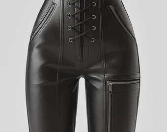 Calças pretas de couro de cintura alta, com cadarço frontal, estilo gótico para motociclista.