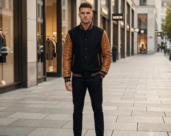 MCM Bomber Jacket for Men, Luxury Varsity Jacket, Designer Letterman Jacket, Black Brown Streetwear Outerwear, Fashion Jacket Gift for Men