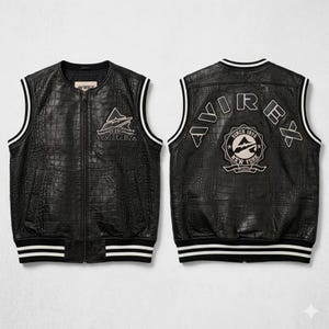 Men’s black crocodile embossed leather biker vest with Avirex inspired patches and vintage streetwear design front and back view.