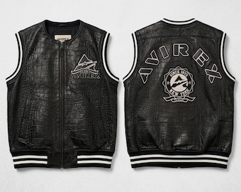 Black Crocodile Leather Vest Men,Avirex Style Biker Vest,Vintage Y2K Streetwear Jacket,Motorcycle Sleeveless Leather Jacket,Hip Hop Fashion