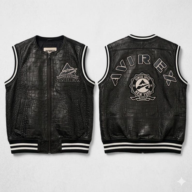 Men’s black crocodile embossed leather biker vest with Avirex inspired patches and vintage streetwear design front and back view.