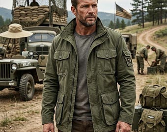 Men's Olive Green Military Field Jacket, Cotton Utility Cargo Jacket, Tactical Army Style Coat, Multi Pocket Outdoor Travel Jacket for Men