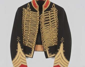 Jaqueta Hussarda Trançada em Preto e Dourado, Casaco Militar Vintage para Desfile, Estilo Napoleônico