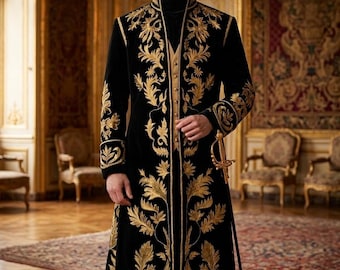 Casaco Sherwani de veludo preto com bordados dourados, traje de casamento real Mughal para noivo.