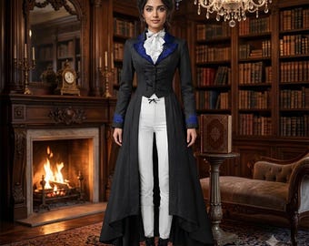 Women's Gothic Victorian Tailcoat Jacket, Black Steampunk Long Coat, Military Style Frock Coat, Gothic Wedding Outfit, Women Fashion Jacket