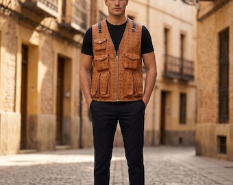 MCM Brown Leather Vest for Men,Monogram Designer Waistcoat,Luxury Vintage Sleeveless Jacket,Streetwear Vest,Unisex Custom Fit mcm vest