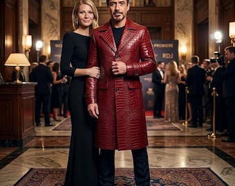 Men's Red Crocodile Embossed Leather Trench Coat,Luxury Long Leather Overcoat,Handmade Leather Jacket,Celebrity Inspired Red Coat
