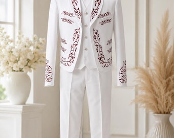 Weißer Charro Anzug für Jungen, Mexikanischer Mariachi Anzug, Besticktes Charro Outfit, Quinceanera Anzug, Hochzeitsanzug, Hochzeitsanzug