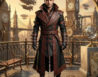 Casaco Trench Coat Masculino em Couro Preto e Marrom, Jaqueta Cosplay Steampunk de Assassino Gótico