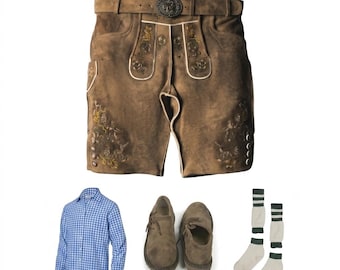 Men German Lederhosen Outfit Set,Bavarian Oktoberfest Costume,Genuine Leather Shorts,Trachten Traditional Wear,Alpine Shirt Socks Shoes Set
