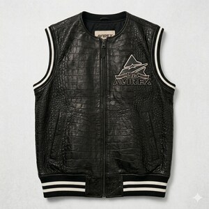 Men’s black crocodile embossed leather biker vest with Avirex inspired patches and vintage streetwear design front and back view.