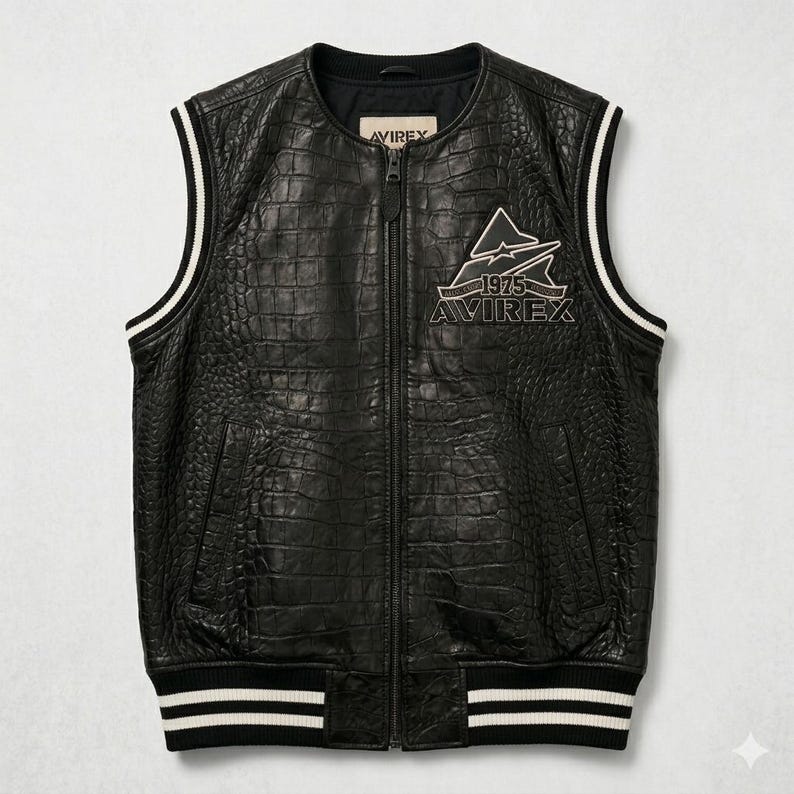 Men’s black crocodile embossed leather biker vest with Avirex inspired patches and vintage streetwear design front and back view.