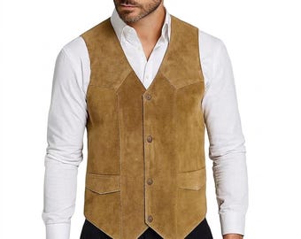 Mens Suede Leather Vest Western Cowboy Vest for Men Tan Leather Waistcoat Vintage Rancher Vest Biker Vest Country Style Suede Vest