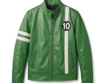 Ben 10 Inspired Green Leather Jacket | Men’s Cosplay Biker Jacket | Green Leather Racing Jacket | Anime Streetwear Outfit Gift