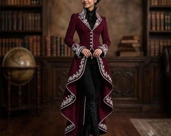 Women Burgundy Victorian Gothic Tailcoat Jacket,Steampunk Military Coat,Women Fashion Blazer,Vintage Inspired Long Jacket,Alternative Style