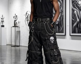 Calças cargo góticas masculinas pretas com bolso em formato de caveira, estilo techwear, calças largas e alternativas.