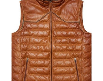 Mens Brown Leather Puffer Vest, Genuine Leather Quilted Vest, Sleeveless Leather Jacket Men, Winter Leather Waistcoat, Biker Leather Vest