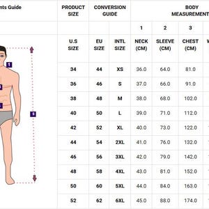 May include: A body measurements guide with a diagram of a person and a table detailing sizes in U.S., EU, and international standards. The table includes neck, sleeve, chest, waist, and height measurements in centimeters.