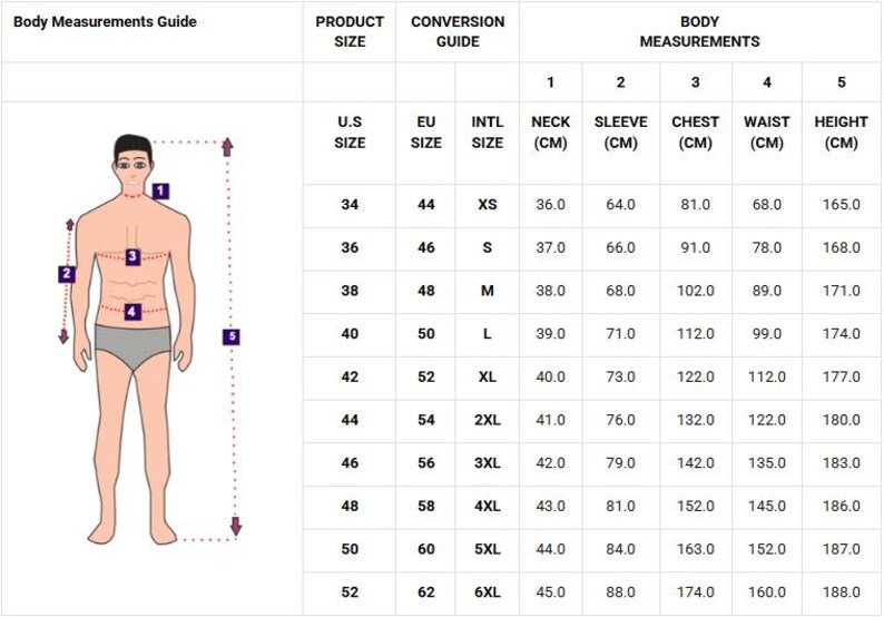 May include: A body measurements guide with a diagram of a person and a table detailing sizes in U.S., EU, and international standards. The table includes neck, sleeve, chest, waist, and height measurements in centimeters.
