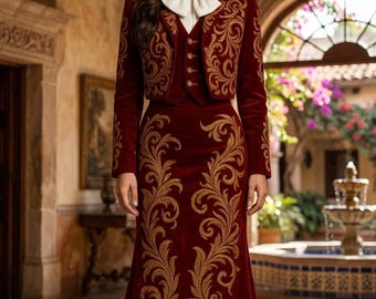 Vestido longo de veludo bordô com bordado floral dourado, estilo elegante para a noite, look vintage.