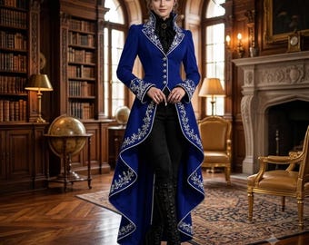 Women's Royal Blue Gothic Victorian Tailcoat for Women, Steampunk Military Jacket,Gothic Coat,Festival Outfit, Elegant Cosplay Costume