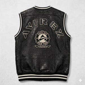 Men’s black crocodile embossed leather biker vest with Avirex inspired patches and vintage streetwear design front and back view.