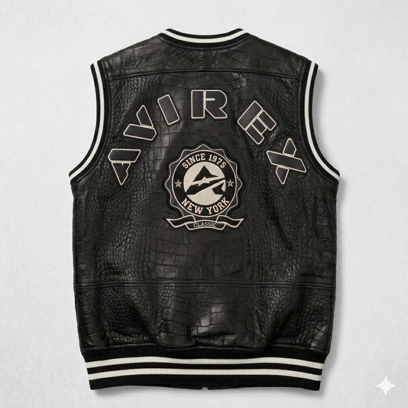 Men’s black crocodile embossed leather biker vest with Avirex inspired patches and vintage streetwear design front and back view.