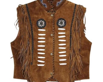 Colete masculino de camurça marrom com franjas, colete de cowboy estilo faroeste, jaqueta estilo nativo americano, colete de couro vintage feito à mão, colete de couro para motociclista