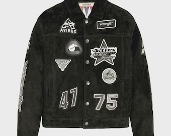 Avirex x Wrangler Black Suede Leather Jacket Men, Vintage Racing Patch Jacket, Embroidered Varsity Trucker Jacket, Y2K Streetwear Biker Coat
