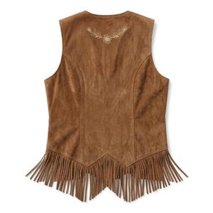 Op de afbeelding: Een bruin su&egrave;de vest met bloemenborduurwerk bij de halslijn en franjes langs de zoom. Het mouwloze vest heeft een klassieke westernstijl en is perfect om te combineren.
