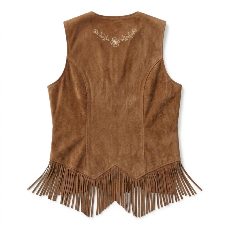 Op de afbeelding: Een bruin su&egrave;de vest met bloemenborduurwerk bij de halslijn en franjes langs de zoom. Het mouwloze vest heeft een klassieke westernstijl en is perfect om te combineren.