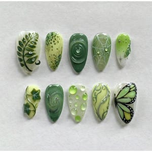 Green Botanical Press On Nails | Leaf Ivy Butterfly Spiderweb Swirl Dew Drop Nail Art | Nature Fake Nails Set