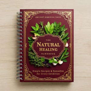 May include: A spiral-bound book titled "The Natural Healing Handbook" with a burgundy cover. The cover features a gold ornate frame and a central design of fresh herbs and garlic. The text "Ancient Remedies Press" is at the top.
