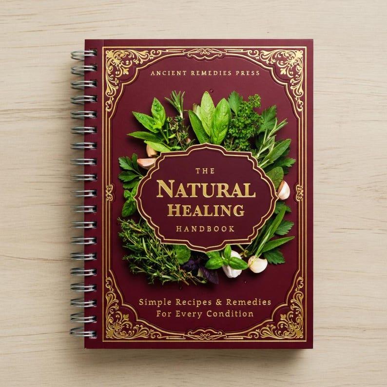 May include: A spiral-bound book titled "The Natural Healing Handbook" with a burgundy cover. The cover features a gold ornate frame and a central design of fresh herbs and garlic. The text "Ancient Remedies Press" is at the top.