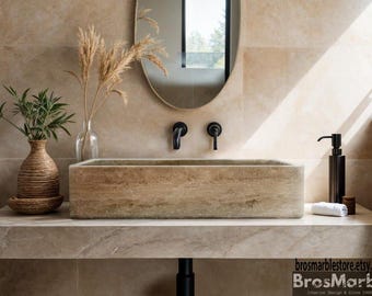 Lavabo de travertino artesanal: Lavabo rectangular de piedra para baño