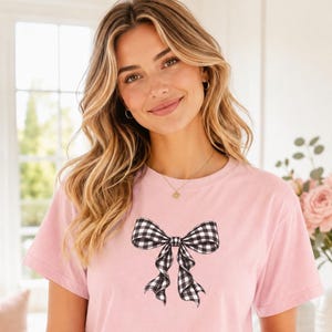 Black & White Gingham Bow T-Shirt, Comfort Colors 1717