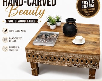 Mesa de centro baja de madera, mesa de centro tallada en madera maciza, mesa rústica vintage para sala de estar, mesa de centro baja cuadrada de madera