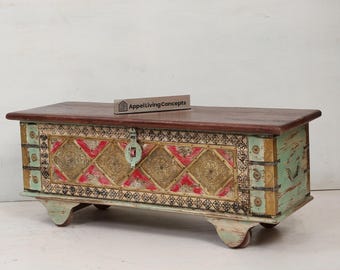 Boho Coffee Table Wooden Chest | Handcrafted Vintage Storage Trunk with Brass Work