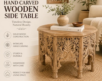 Hand Carved Wooden Side Table, Boho Accent Table, Rustic End Table, Floral Jali Coffee Table, Farmhouse Wooden Stool